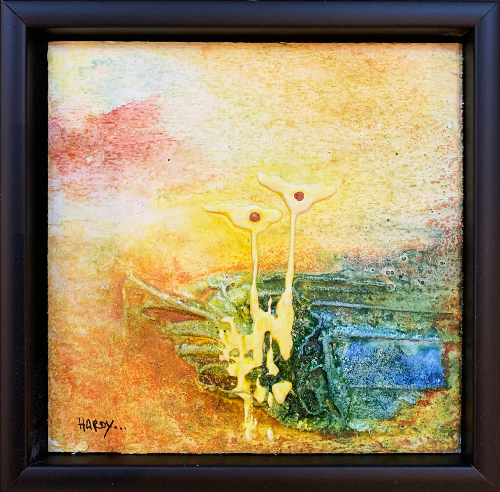 Abstraktes originales Kunstwerk „Fröhlich zu zweit“ von Hardy auf Holz mit Sand aus Österreich und Venezuela