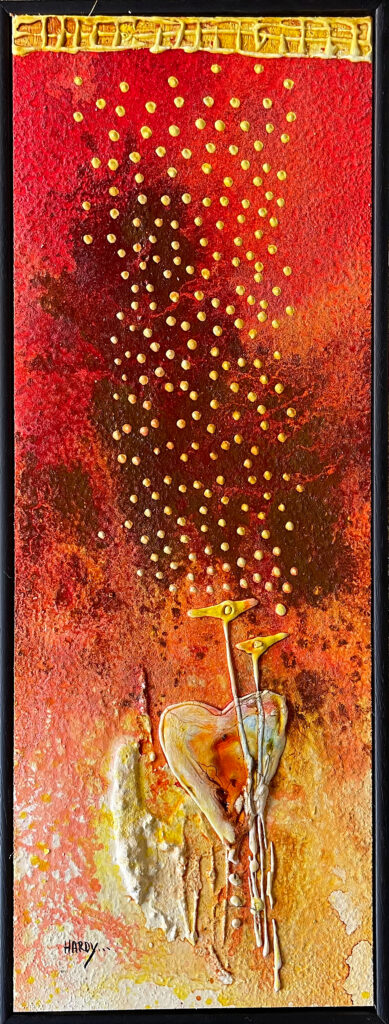 Abstraktes Originalkunstwerk „Mit dem Herzen sehen“ von Hardy, Unikat auf Holz mit Sand aus verschiedenen Ländern in warmen Rot- und Goldtönen