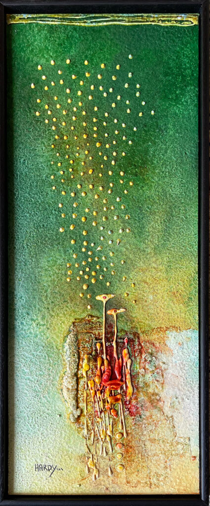 Abstraktes Originalkunstwerk „Unter Sternen vereint“ von Hardy, Unikat auf Holz mit Sand aus verschiedenen Ländern in Grün- und Erdtönen