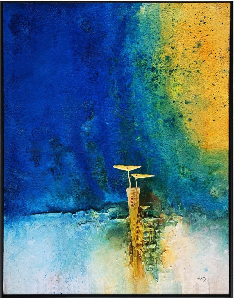 Abstraktes Originalkunstwerk „What a beautiful day“ von Hardy, Unikat auf Holz mit Sand aus Venezuela in Blau- und Gelbtönen