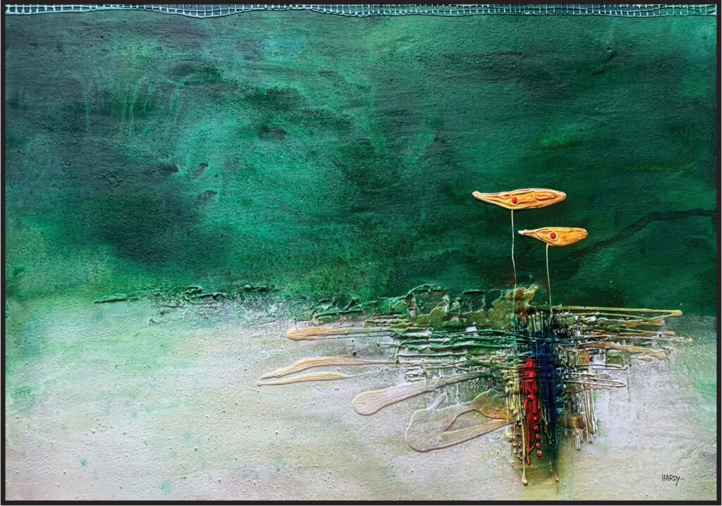 Abstraktes Originalkunstwerk „Amazonas“ von Hardy, Unikat auf Holz mit Sand aus Venezuela in Grün- und Erdtönen