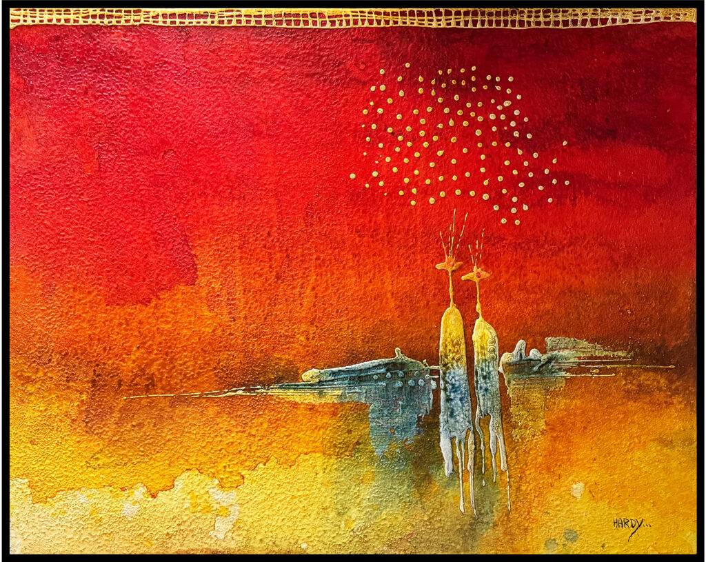 Abstraktes Kunstwerk „Wo die Sonne träumt“ von Hardy, Unikat auf Holz mit Sand aus Venezuela in warmen Rot- und Orangetönen