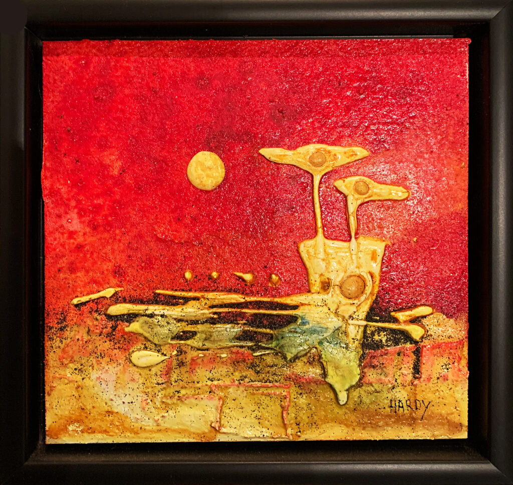 Abstraktes originales Kunstwerk „Zu zweit ist alles leichter“ von Hardy auf Holz mit Sand aus Österreich